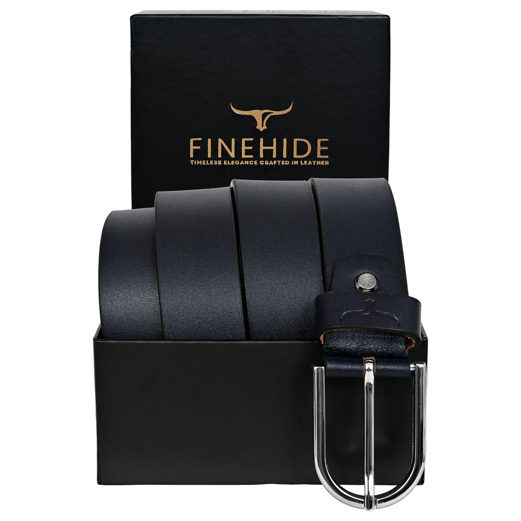FINEHIDE NAVY BLUE LEATHER BELT WITH SILVER METAL BUCKLE FOR MEN