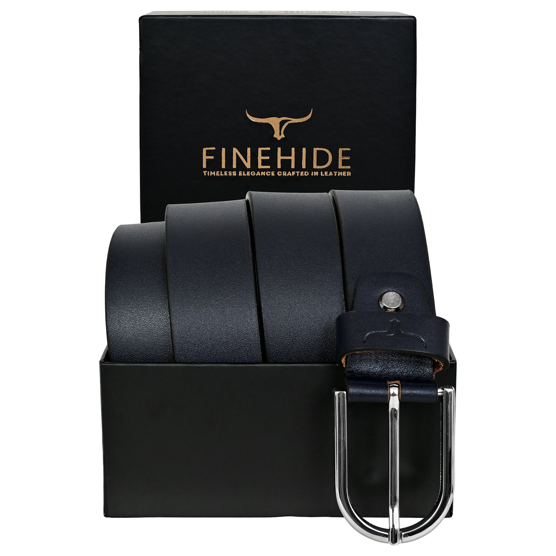 FINEHIDE NAVY BLUE LEATHER BELT WITH SILVER METAL BUCKLE FOR MEN