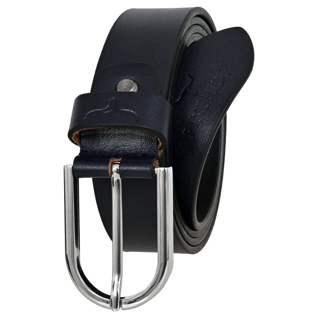 FINEHIDE NAVY BLUE LEATHER BELT WITH SILVER METAL BUCKLE FOR MEN