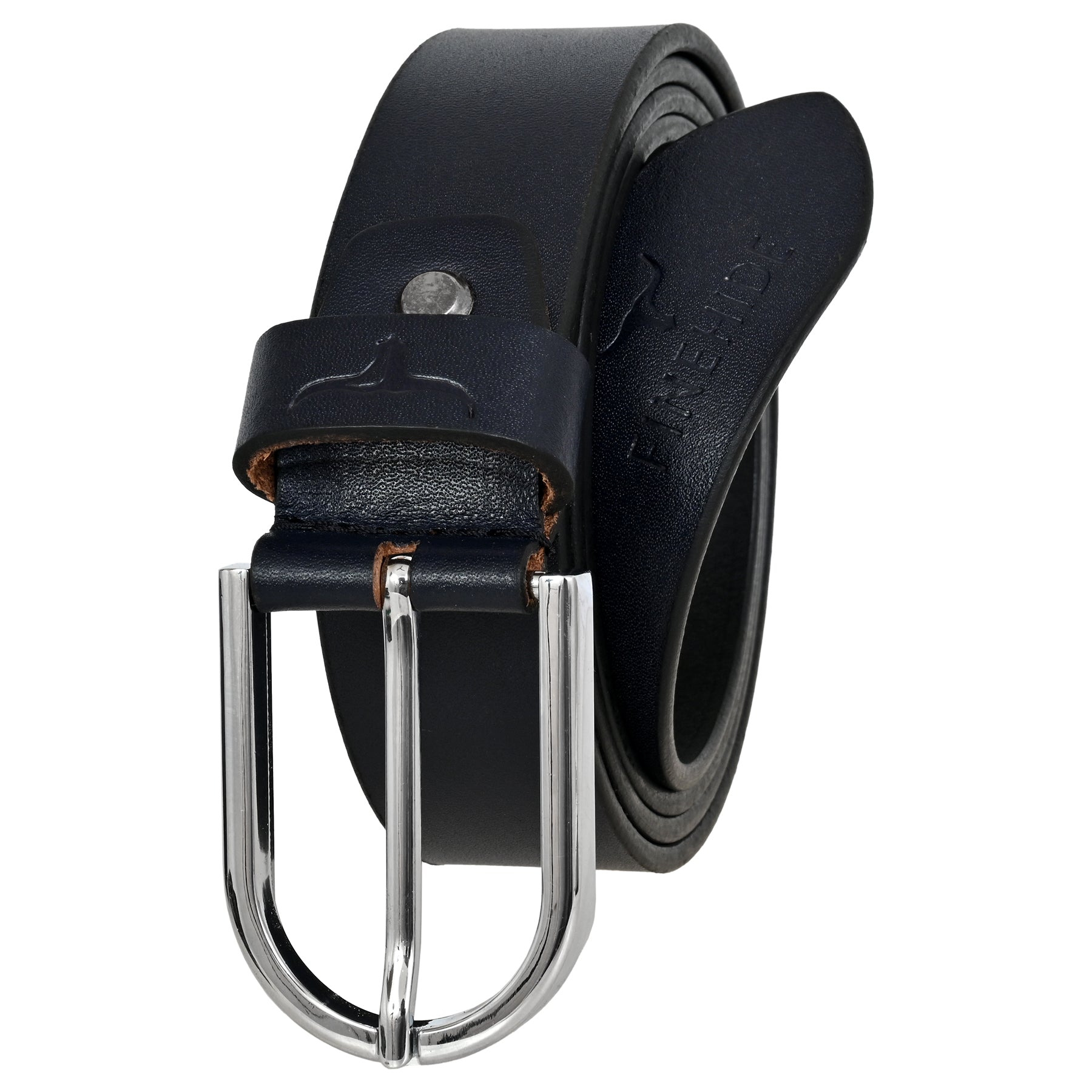 FINEHIDE NAVY BLUE LEATHER BELT WITH SILVER METAL BUCKLE FOR MEN