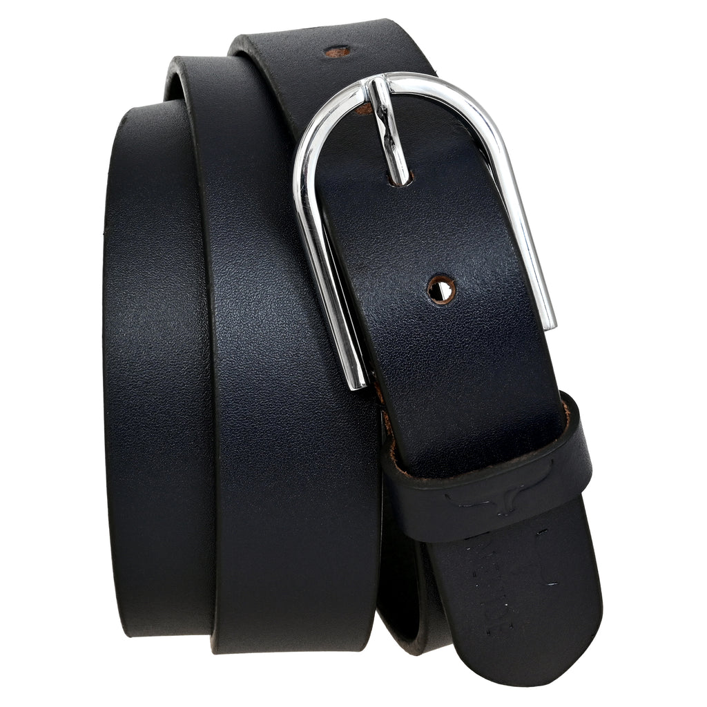FINEHIDE NAVY BLUE LEATHER BELT WITH SILVER METAL BUCKLE FOR MEN