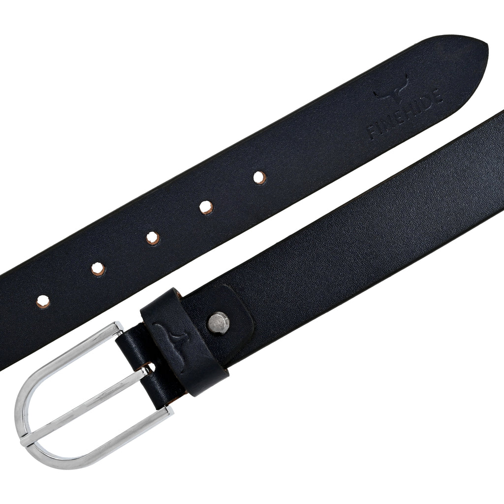FINEHIDE NAVY BLUE LEATHER BELT WITH SILVER METAL BUCKLE FOR MEN