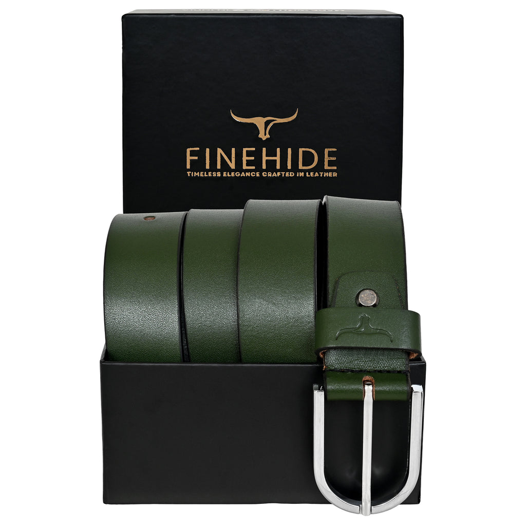 FINEHIDE OLIVE GREEN LEATHER BELT WITH SILVER METAL BUCKLE FOR MEN