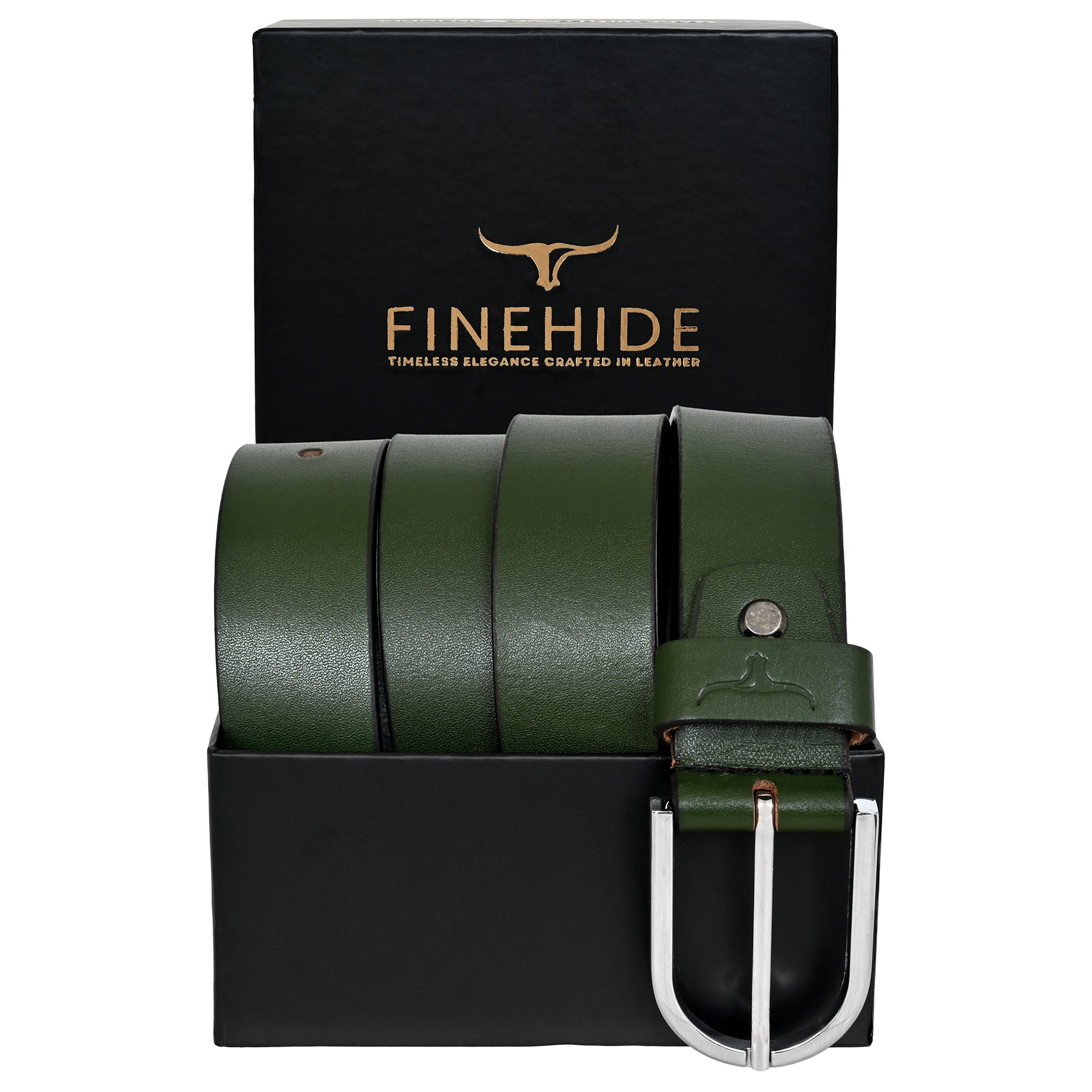 FINEHIDE OLIVE GREEN LEATHER BELT WITH SILVER METAL BUCKLE FOR MEN