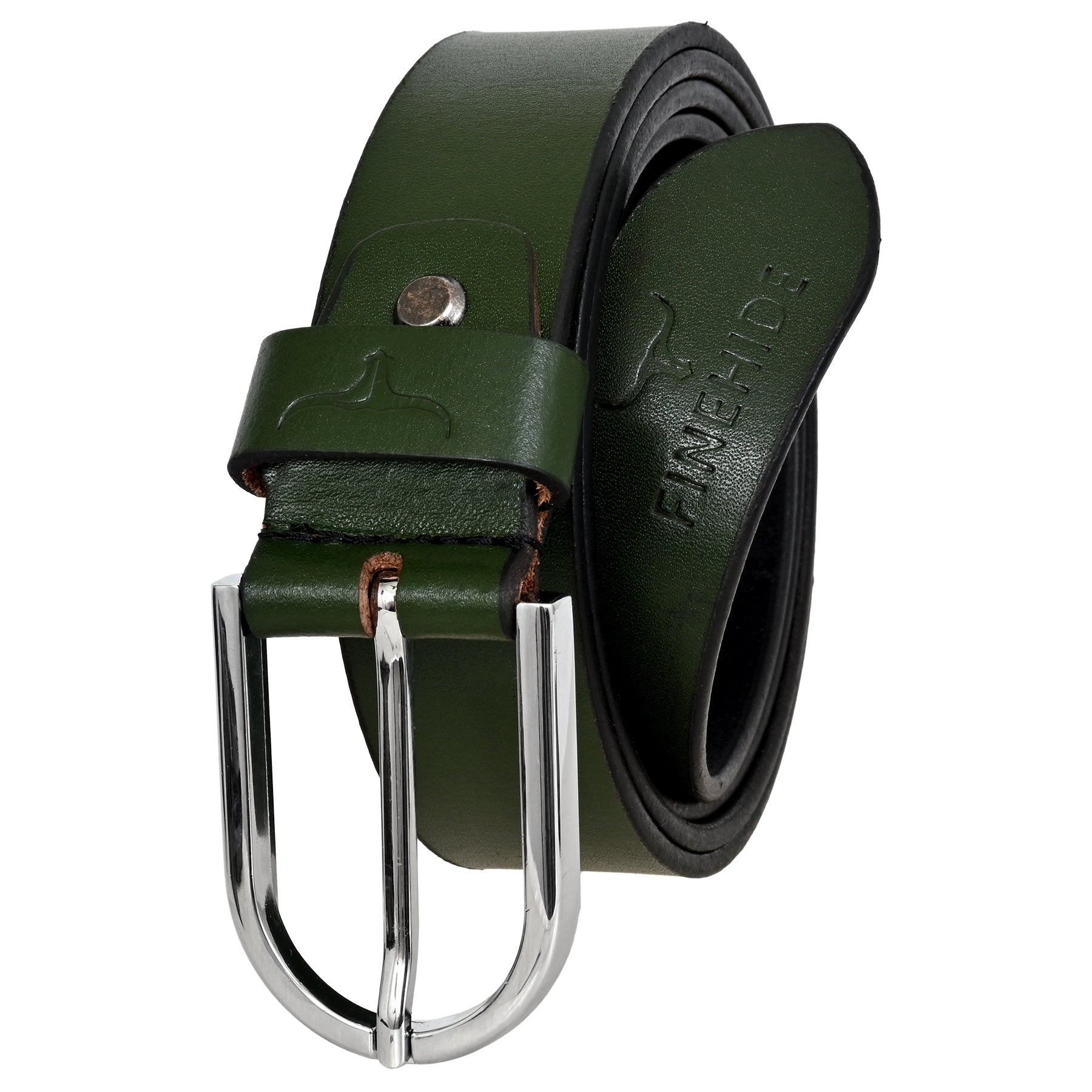 FINEHIDE OLIVE GREEN LEATHER BELT WITH SILVER METAL BUCKLE FOR MEN