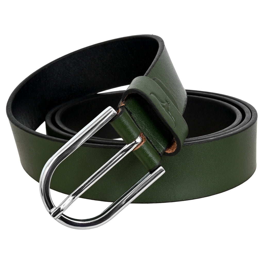 FINEHIDE OLIVE GREEN LEATHER BELT WITH SILVER METAL BUCKLE FOR MEN