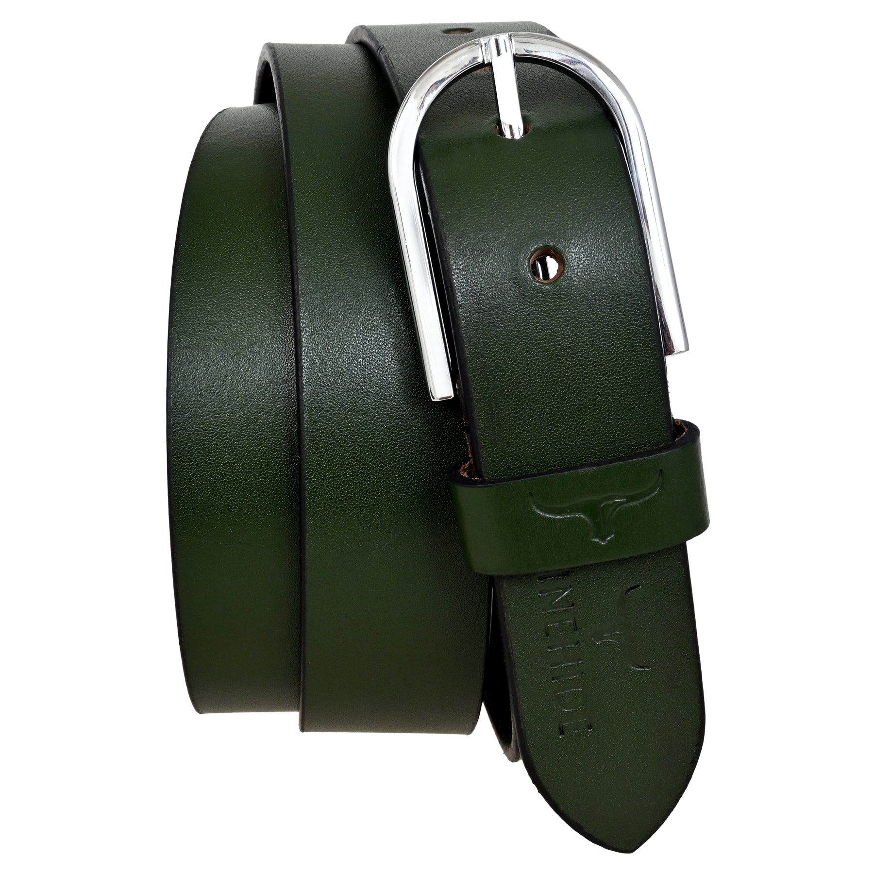 FINEHIDE OLIVE GREEN LEATHER BELT WITH SILVER METAL BUCKLE FOR MEN