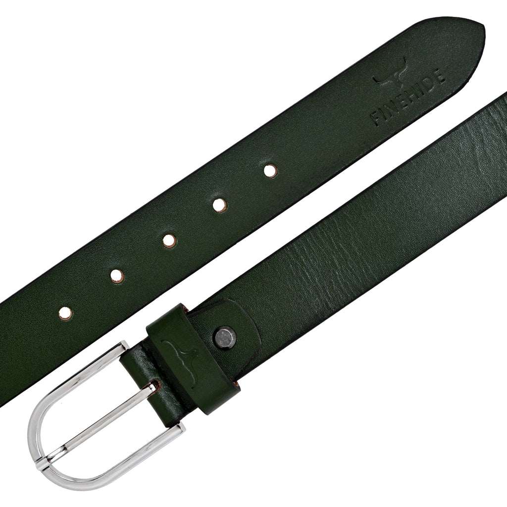 FINEHIDE OLIVE GREEN LEATHER BELT WITH SILVER METAL BUCKLE FOR MEN