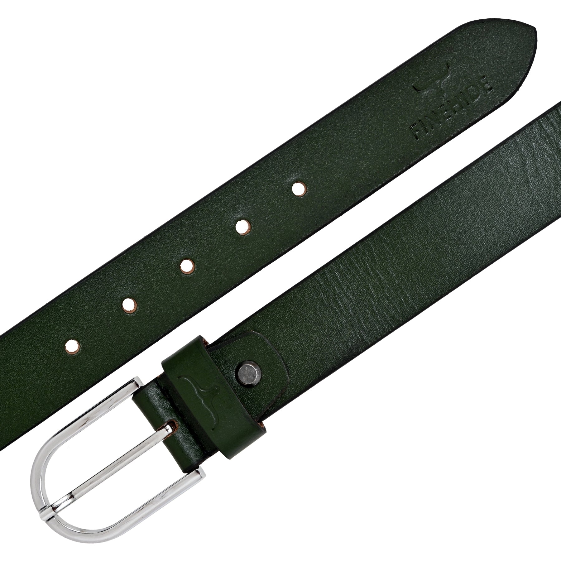 FINEHIDE OLIVE GREEN LEATHER BELT WITH SILVER METAL BUCKLE FOR MEN