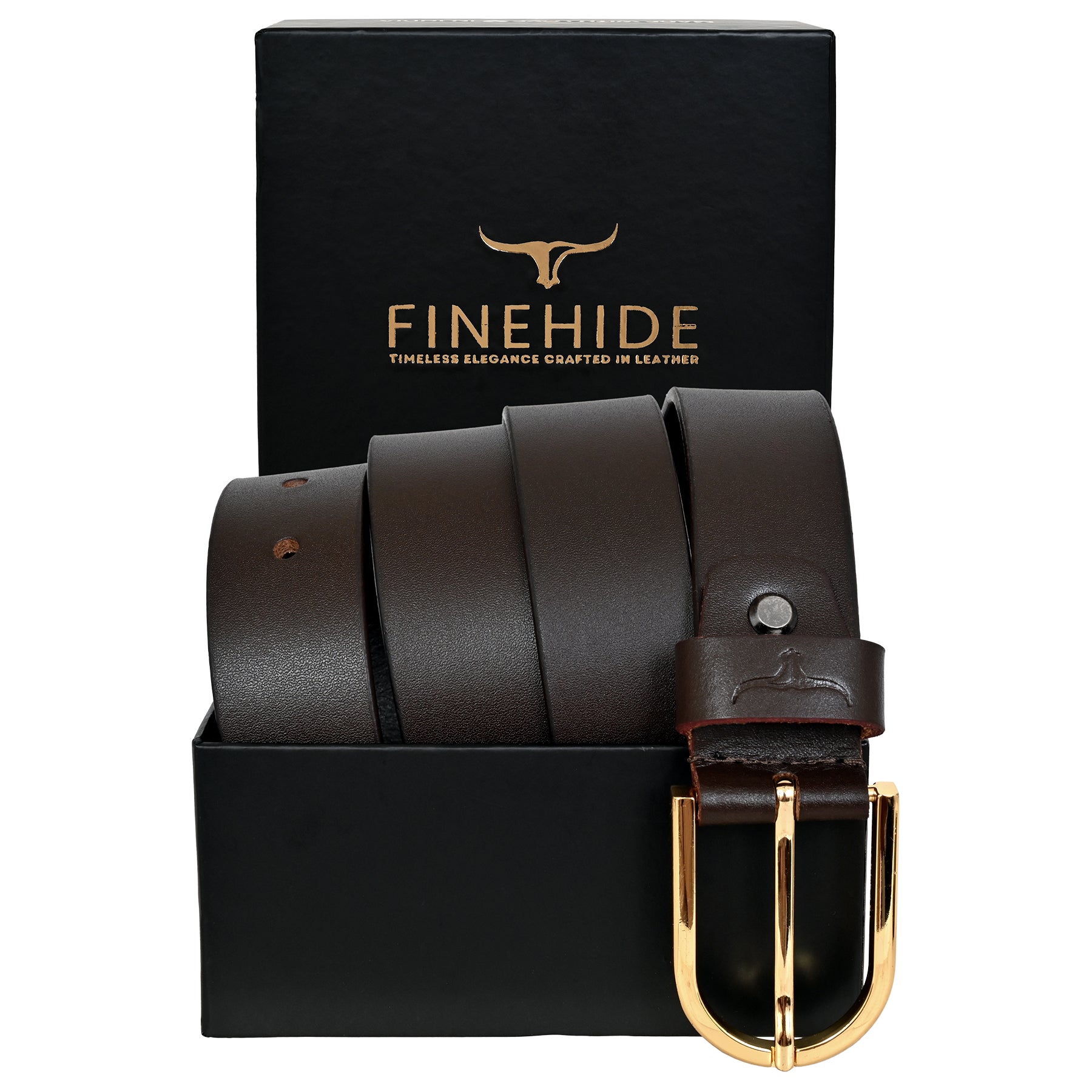 FINEHIDE DARK BROWN LEATHER BELT WITH GOLD METAL BUCKLE FOR MEN