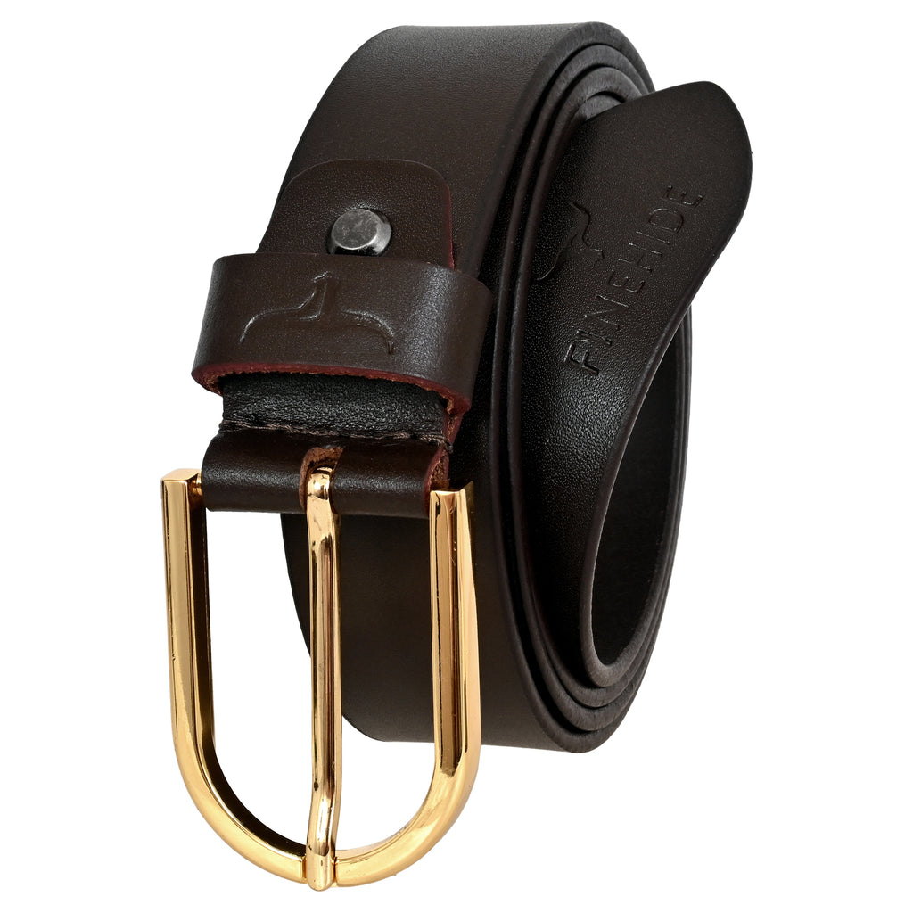 FINEHIDE DARK BROWN LEATHER BELT WITH GOLD METAL BUCKLE FOR MEN