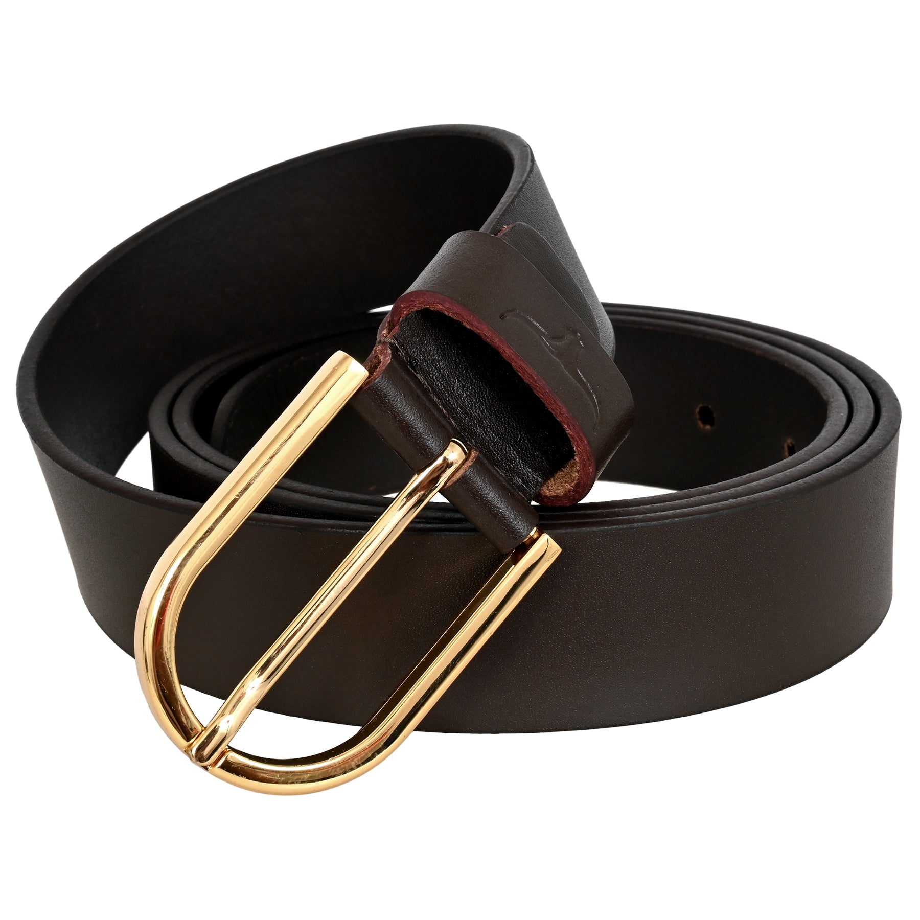 FINEHIDE DARK BROWN LEATHER BELT WITH GOLD METAL BUCKLE FOR MEN