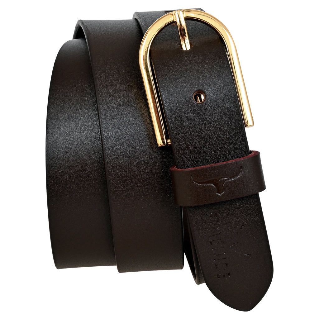 FINEHIDE DARK BROWN LEATHER BELT WITH GOLD METAL BUCKLE FOR MEN