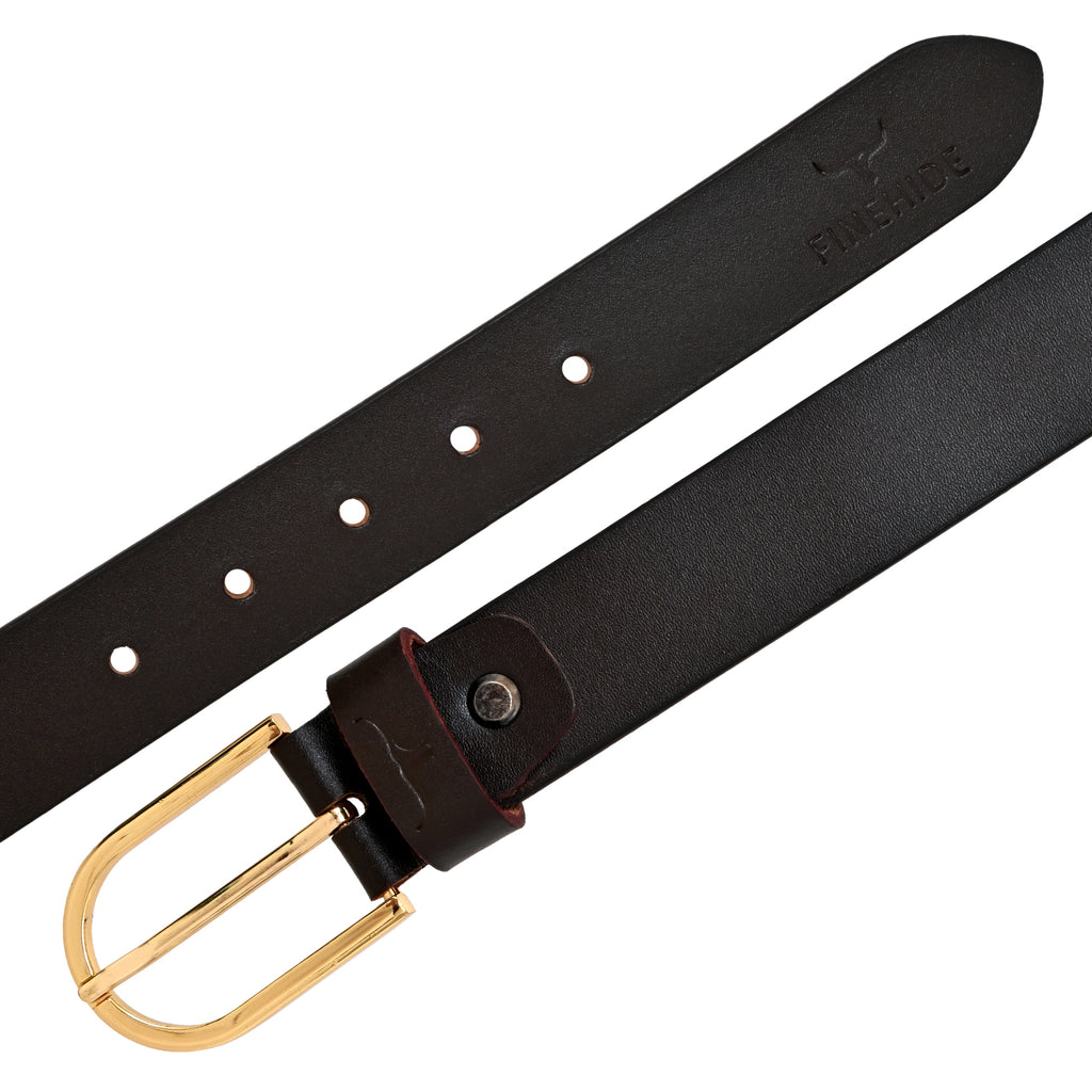 FINEHIDE DARK BROWN LEATHER BELT WITH GOLD METAL BUCKLE FOR MEN