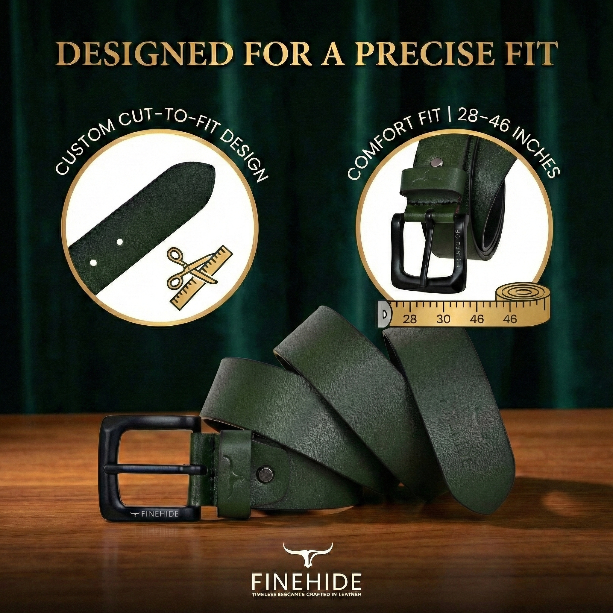 FINEHIDE OLIVE GREEN LEATHER BELT WITH MATTE BLACK BUCKLE FOR MEN