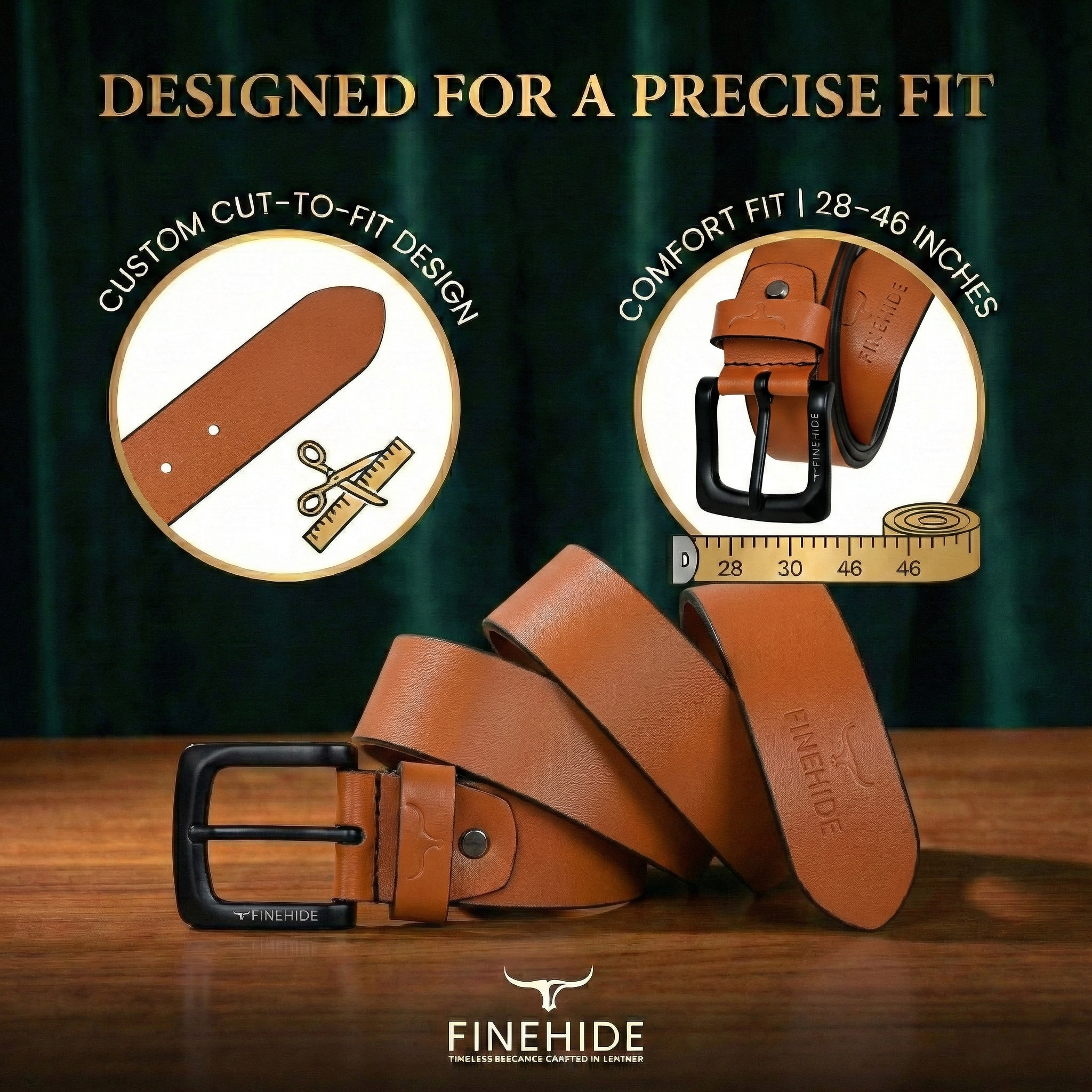 FINEHIDE  TAN LEATHER BELT  WITH MATTE BLACK BUCKLE FOR MEN