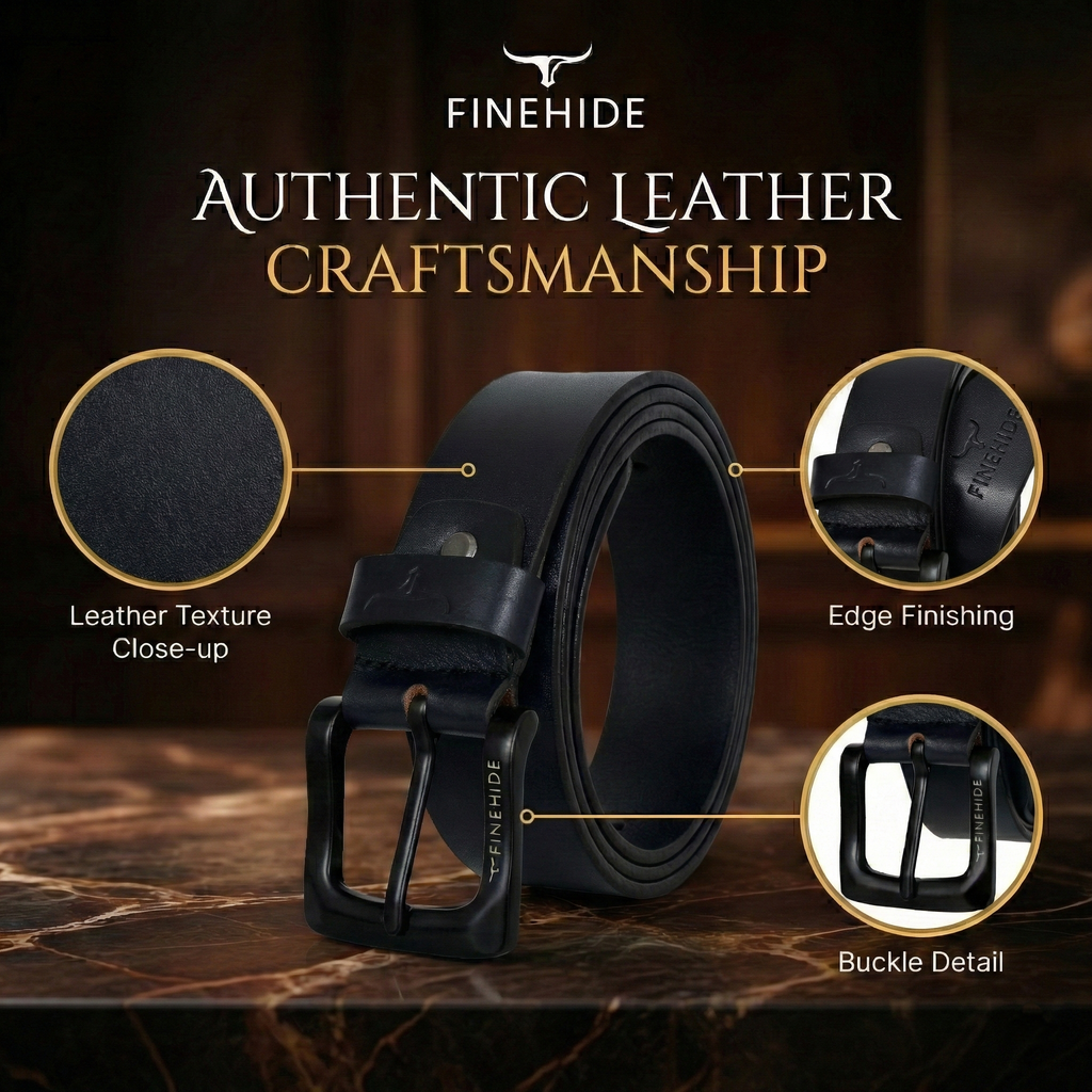 FINEHIDE MID NIGHT NAVY LEATHER BELT WITH MATTE BLACK BUCKLE FOR MEN
