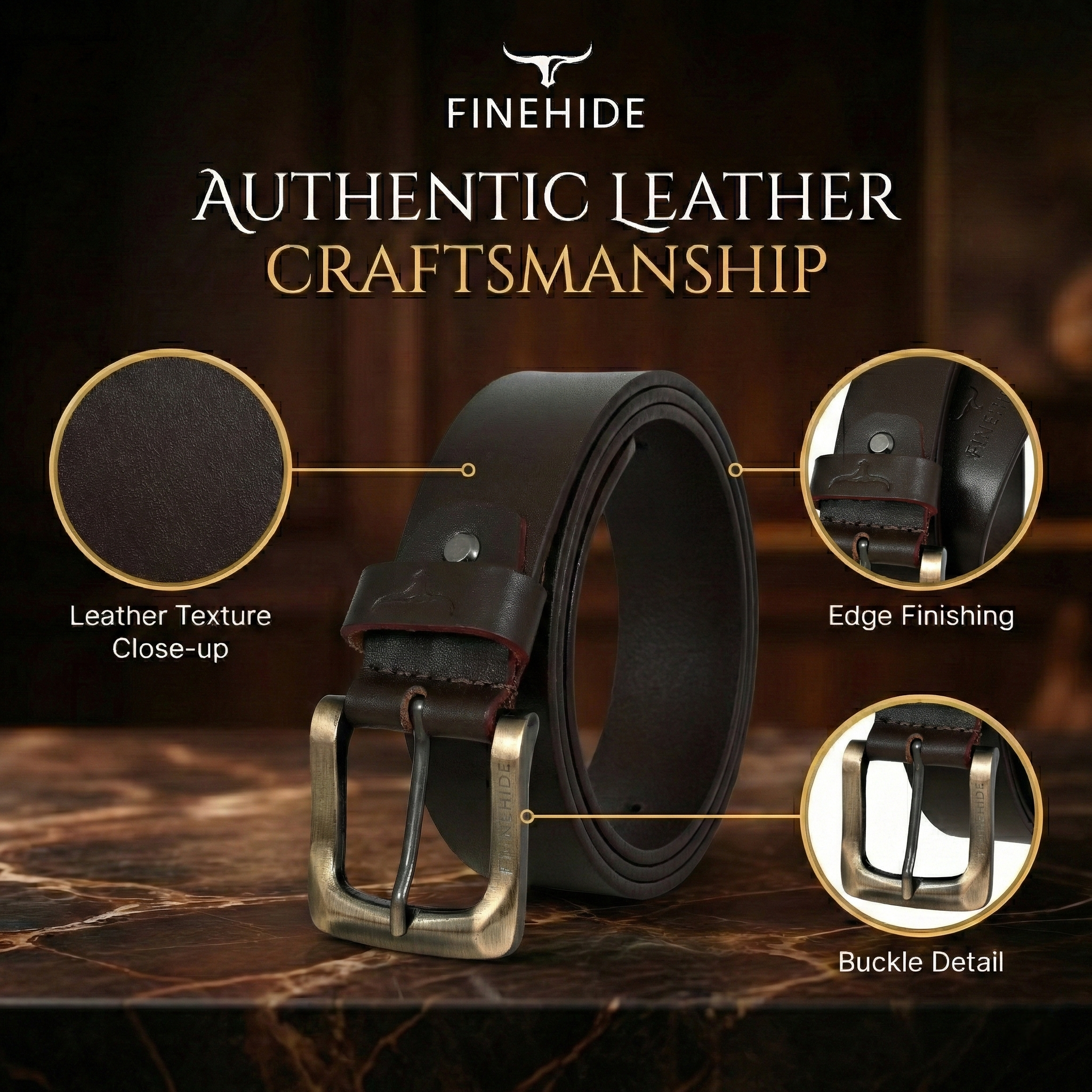 FINEHIDE DARK BROWN LEATHER TEXTURE WITH BRASS - ANTIQUE BUCKLE FOR MEN