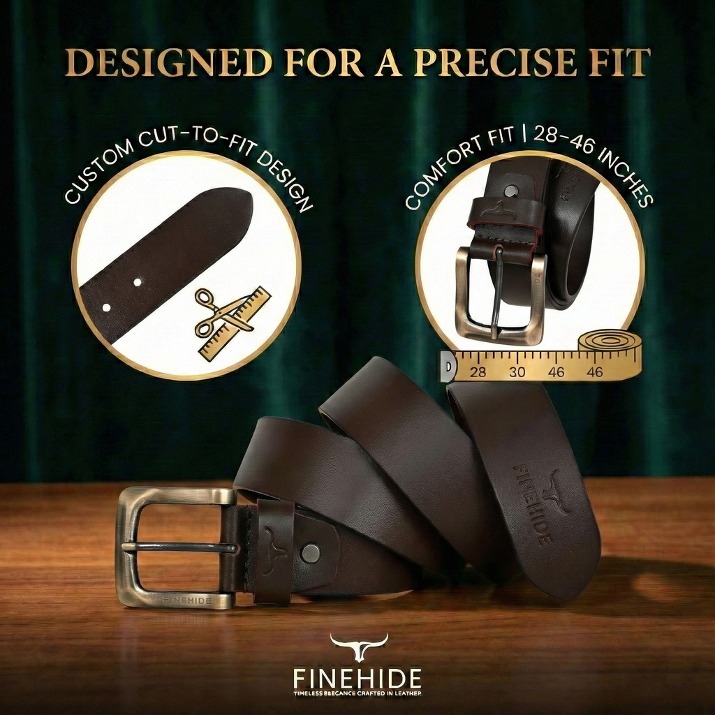FINEHIDE ESPRESSO-BROWN LEATHER BELT WITH ANTIQUE BRASS BUCKLE FOR MEN