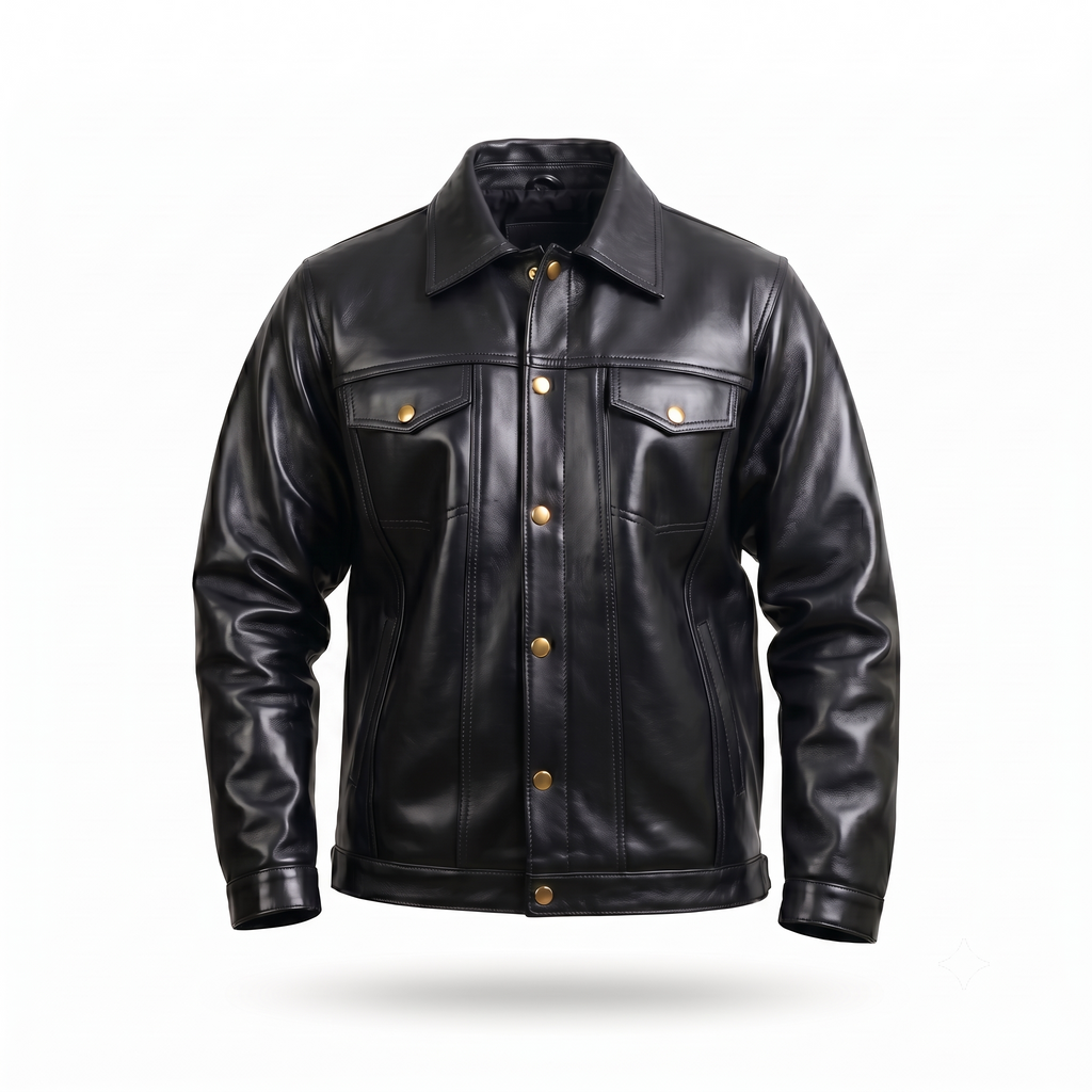FINEHIDE MEN’S BLACK LEATHER SHIRT COLLAR JACKET WITH FLAP POCKETS