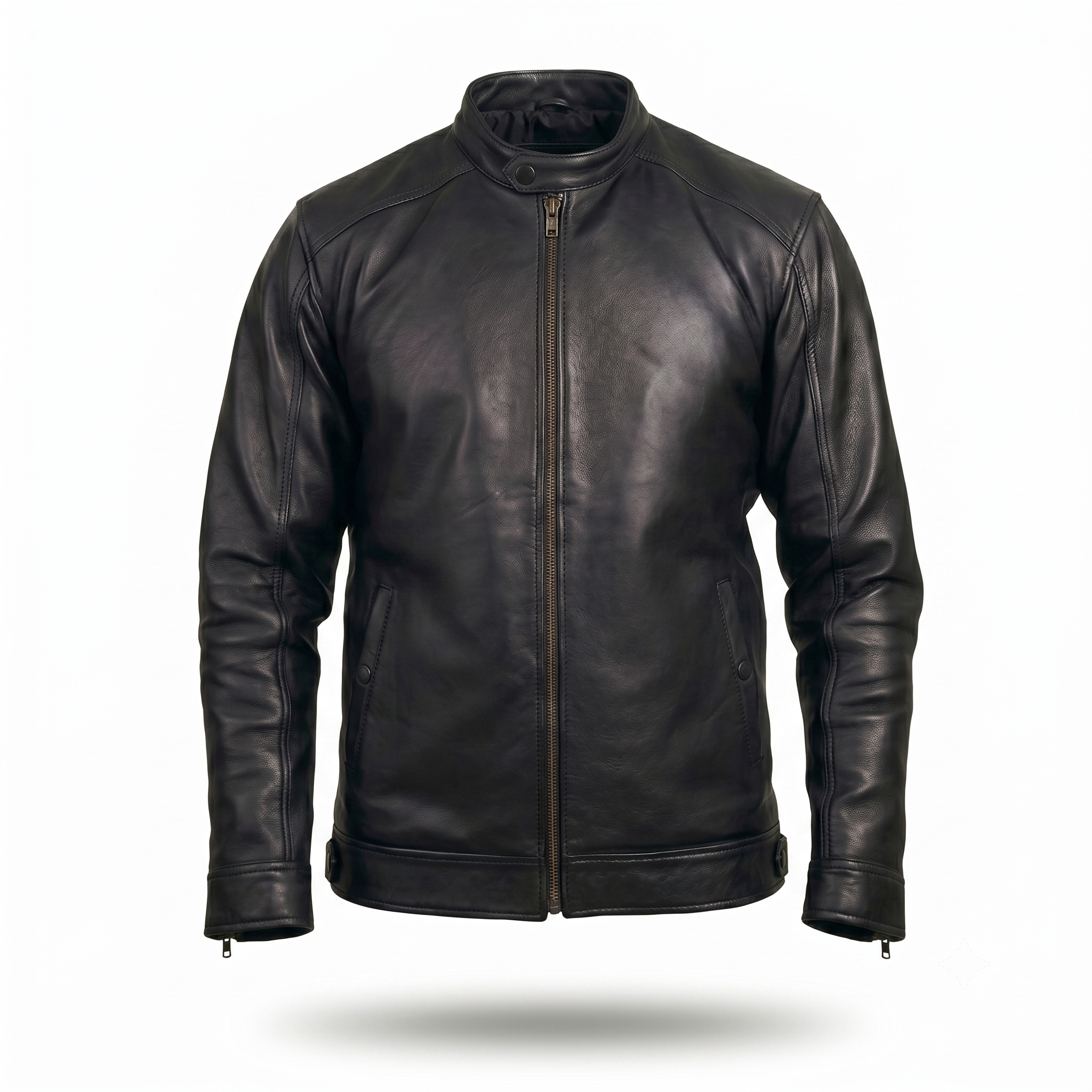 FINEHIDE MEN’S BLACK GENUINE  LEATHER BIKER JACKET WITH SNAP COLLAR FOR MEN