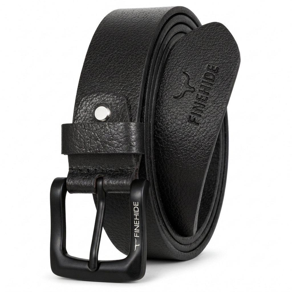 FINEHIDE Genuine Leather Belt for Men Premium Black Leather Casual & Formal Belt with Matte Metal Buckle