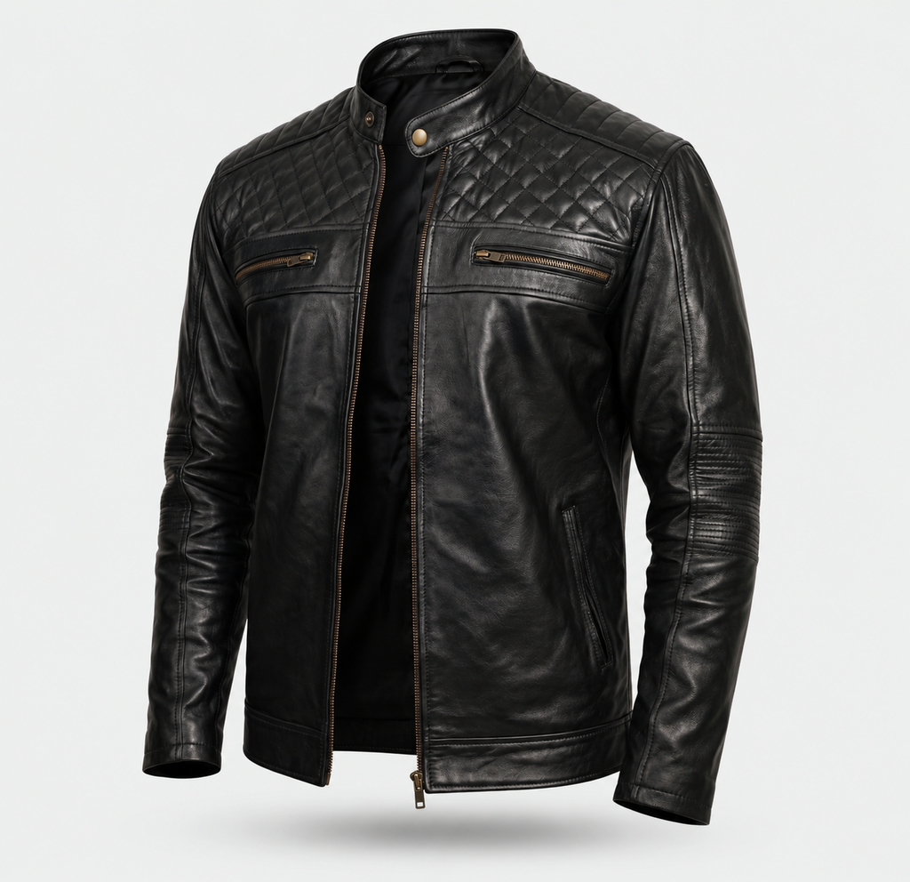 FINEHIDE MEN’S BLACK GENUINE LEATHER CAFE RACER JACKET WITH QUILTED SHOULDERS