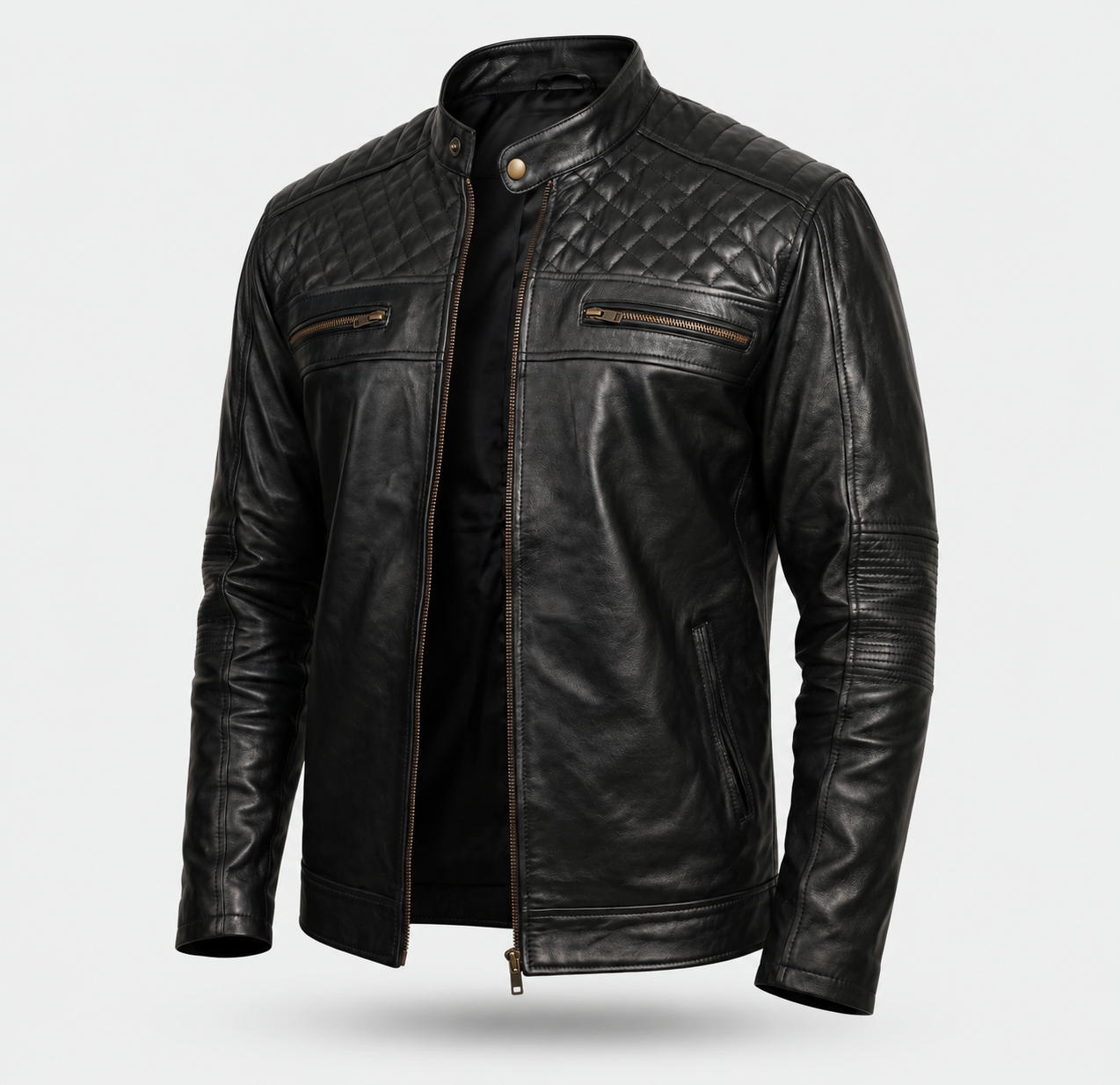 FINEHIDE MEN’S BLACK GENUINE LEATHER CAFE RACER JACKET WITH QUILTED SHOULDERS