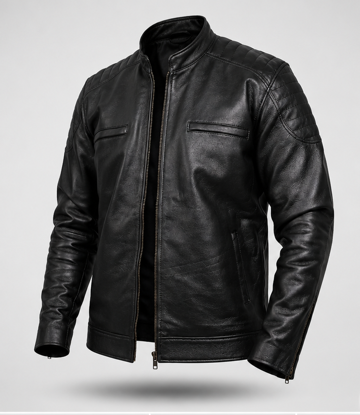 FINEHIDE MEN’S BLACK GENUINE LEATHER BIKER JACKET WITH ZIPPER POCKETS