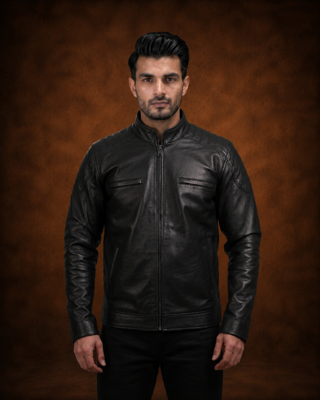 FINEHIDE MEN’S BLACK GENUINE LEATHER BIKER JACKET WITH ZIPPER POCKETS