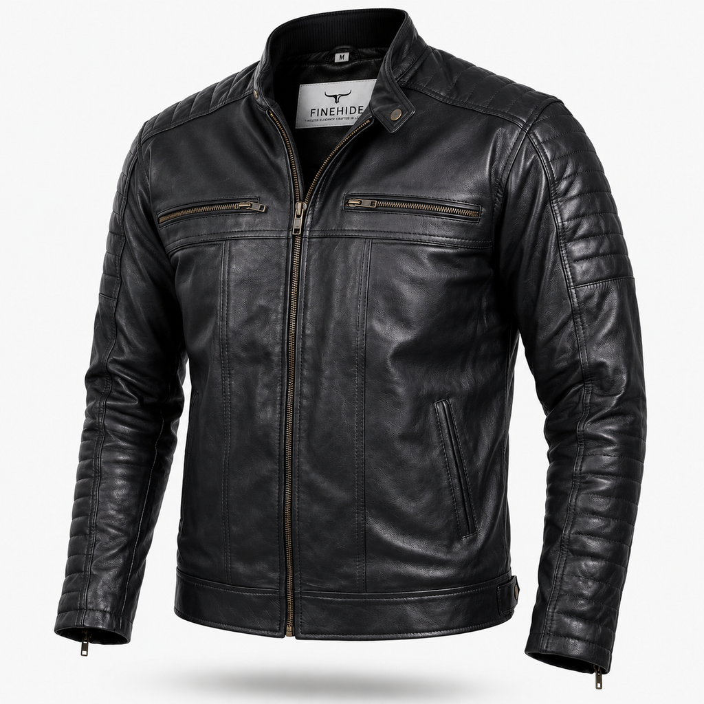 FINEHIDE MEN’S BLACK GENUINE LEATHER CAFE RACER JACKET FOR MEN