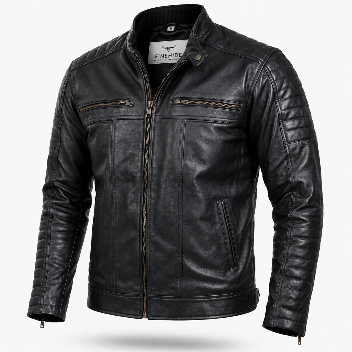 FINEHIDE MEN’S BLACK GENUINE LEATHER CAFE RACER JACKET FOR MEN