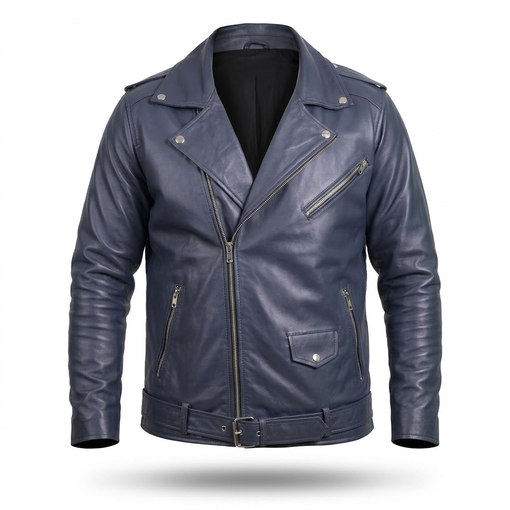 FINEHIDE MEN’S NAVY BLUE GENUINE LEATHER ASYMMETRICAL BIKER JACKET FOR MEN