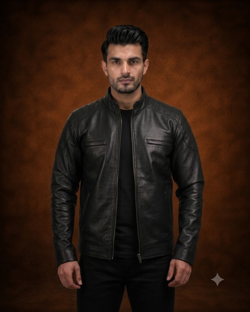 FINEHIDE MEN’S BLACK GENUINE LEATHER BIKER JACKET WITH ZIPPER POCKETS