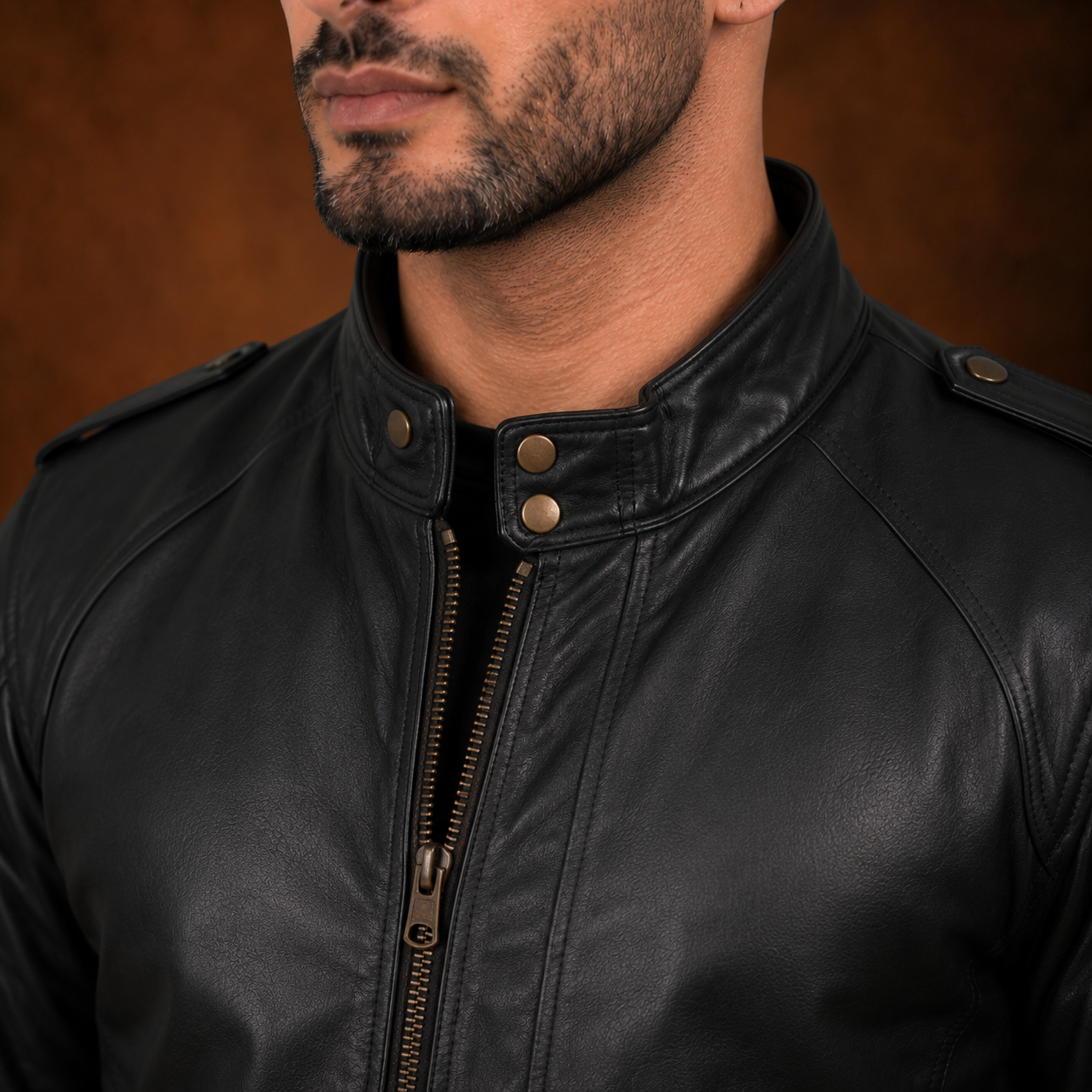FINEHIDE MEN’S BLACK GENUINE LEATHER JACKET WITH HIGH COLLAR & SNAP BUTTONS FOR MENFINEHIDE  HIGH-NECK BLACK GENUINE LEATHER JACKET FOR MEN