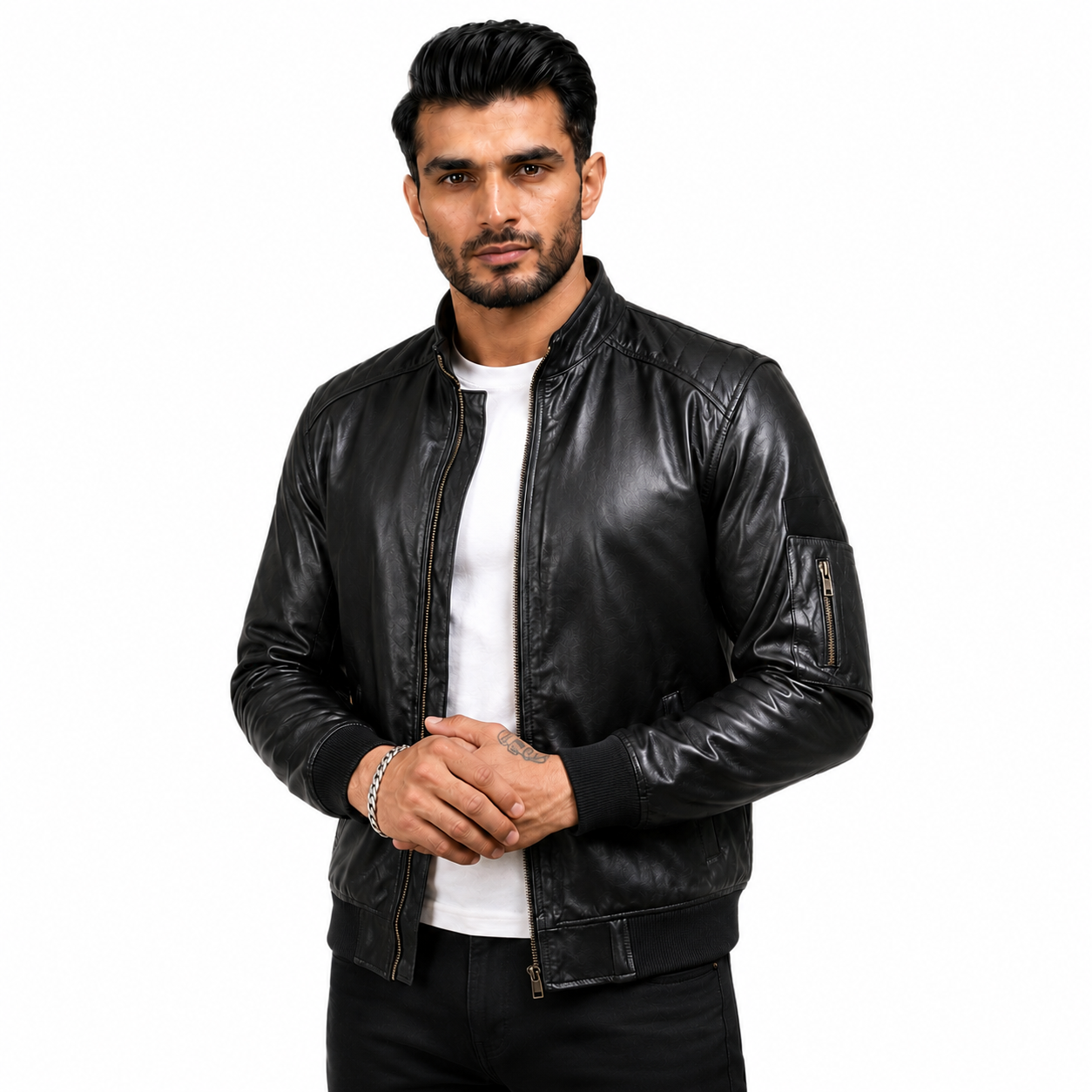 FINEHIDE MEN’S BLACK LEATHER BOMBER JACKET WITH BAND COLLAR FOR  MEN