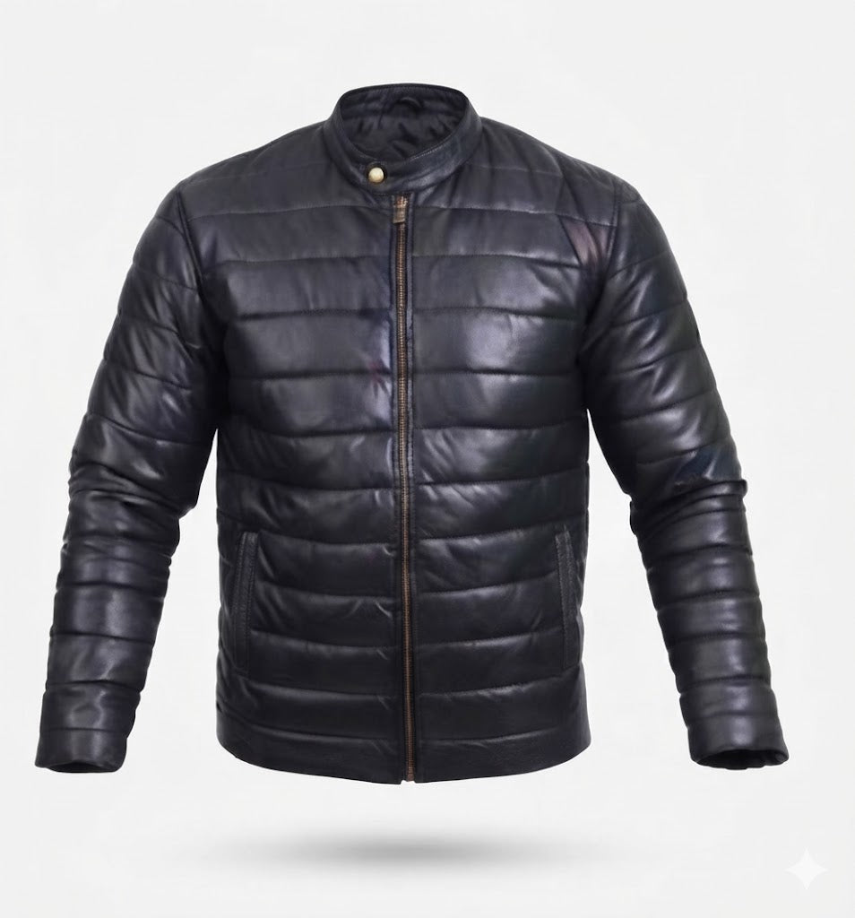FINEHIDE MEN’S BLACK GENUINE LEATHER QUILTED BOMBER JACKET FOR  MEN