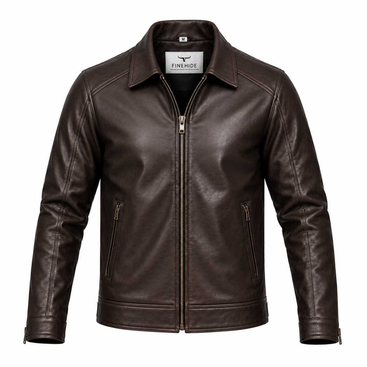 Full-length view of a man wearing the FINEHIDE brown leather jacket